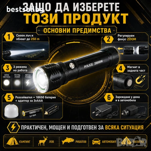 Силен акумулаторен фенер Police CREE XM-L T6 Zoom с магнит разсейвател и зарядни 220V 12V, снимка 4 - Къмпинг осветление - 50861325