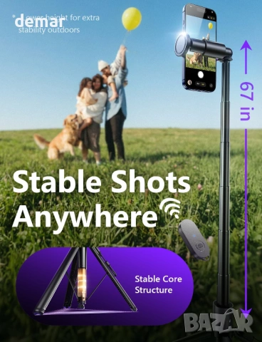 LISEN 170 см статив за телефон, селфи стик статив с дистанционно за iPhone и Android, снимка 3 - Селфи стикове, аксесоари - 53961286