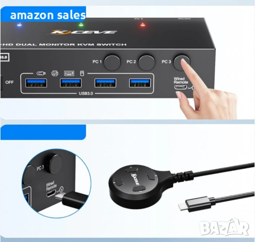 8K 60Hz KVM превключвател за 2 монитора и 3 компютъра Displayport и HDMI 4K 144Hz,KCEVE KVM302DH, снимка 8 - Суичове - 54479114
