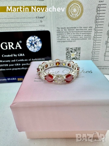 Сребърен пръстен с мойсанит (Диамант) 7 карата, снимка 8 - Пръстени - 54355658