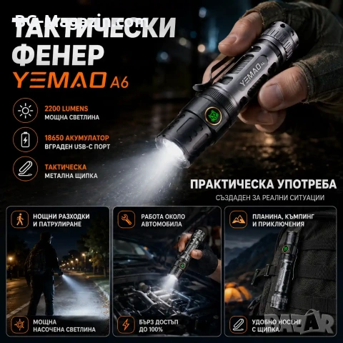 Мощен ръчен фенер YEMAO A6 – 2200 Лумена тактически дизайн USB-C и 350м обхват, снимка 7 - Къмпинг осветление - 54027505