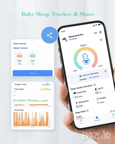 Умен чорап-монитор за пулс и кислород Babytone Sleep Sock, снимка 8 - Бебефони - 54402731
