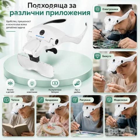 Акумулаторна лупа за глава с различни увеличения и LED осветление за четене шиене бродиране гоблени, снимка 3 - Други инструменти - 54027220