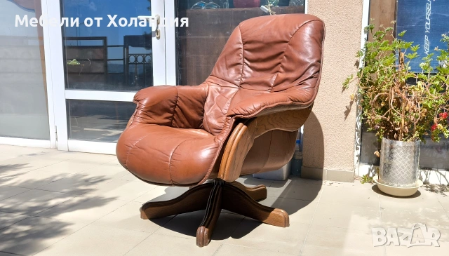 Въртящо кресло от дъб и ест. кожа, снимка 2 - Дивани и мека мебел - 54439146