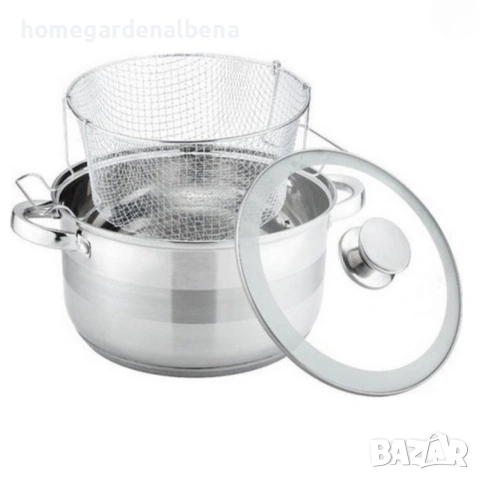 Тенджера с кошница за пържене и стъклен капак Cheffinger Ø24 см инокс 6.5 л индукция, снимка 6 - Съдове за готвене - 54165697