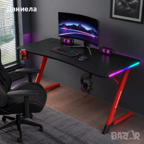 Геймърско бюро с RGB LED подсветка, карбонов плот и стоманена Z-конструкция, 120 см, черно/червено, снимка 7 - Бюра - 54696842