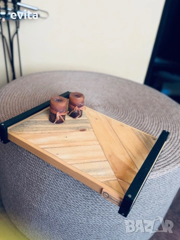 🌿 Ръчно изработен дървен поднос с геометричен дизайн и черни дръжки, снимка 5 - Прибори за хранене, готвене и сервиране - 54212781