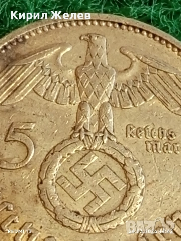 Сребърна монета 5 райхсмарки 1936г. Германия Трети Райх с Свастика за КОЛЕКЦИОНЕРИ 54394, снимка 3 - Нумизматика и бонистика - 53960649