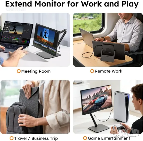 Преносим монитор 15.6" 1080P с регулируема стойка, USB-C/HDMI, снимка 2 - Монитори - 55661477