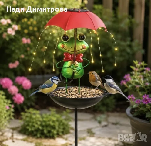 Соларна декоративна лампа- жаба с чадър и хранилка за птици 2 в 1-LED градинско осветление с автомат