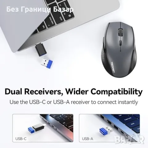 Нова Безжична мишка TECKNET PRO Tri-Mode, Bluetooth, USB-C адаптер, 700mAh, снимка 4 - Клавиатури и мишки - 55451293