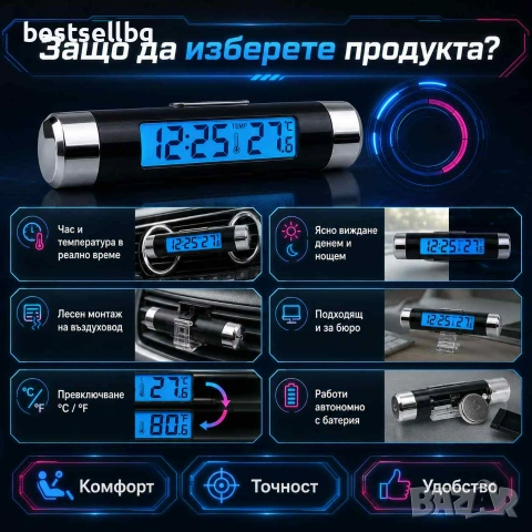 Електронен автомобилен часовник с термометър LCD дисплей подсветка и щипка за въздуховод, снимка 3 - Аксесоари и консумативи - 55154477