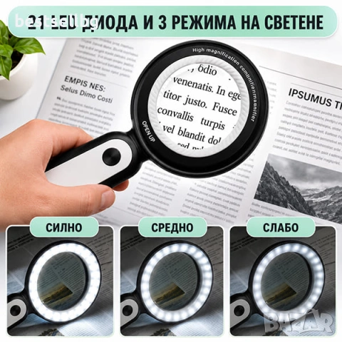 Мощба ръчна лупа 10X и 30X с 21 LED светлини за четене бижута монети и електроника, снимка 3 - Други инструменти - 24207829