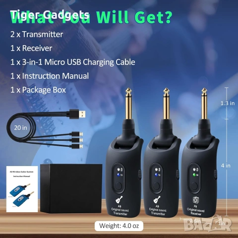 A9 Wireless Guitar System 2.4GHz – Безжична система за китара, бас и музикални инструменти (2TX + 1R, снимка 9 - Китари - 54958238