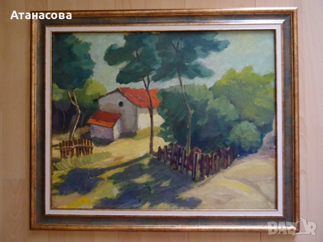 Авторска картина "Селски пейзаж" масло платно 1980 г, снимка 2 - Картини - 54488488