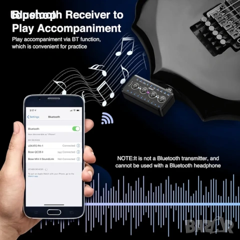 Нов джобен усилвател/мултиефект за китара LEKATO Guitar Headphone Amp – Bluetooth, IR , снимка 8 - Други - 54675889