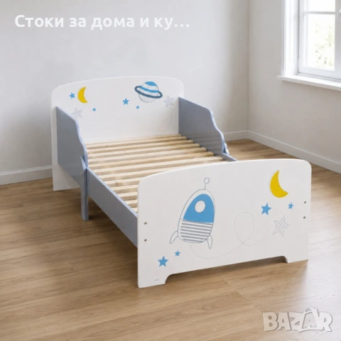 Детско легло Космос 140x70 см с ламелна основа – Бяло легло с пленети, звезди и ракета