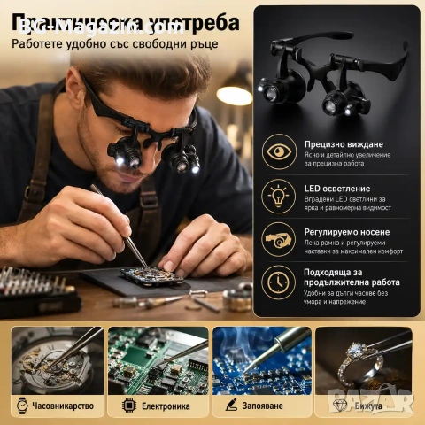Мощна професионална увеличителна часовникарска лупа за глава с LED осветление бижутери часовникари, снимка 3 - Други инструменти - 50921224