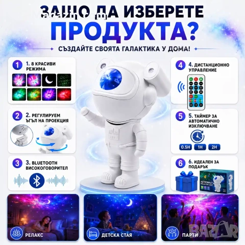 Лазерен звезден проектор Астронавт звездно небе нощна лампа с Bluetooth прожектирана на тавана деца, снимка 5 - Прожектори - 51049148