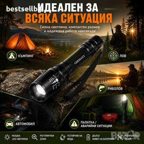 Мощен ръчен акумулаторен LED фенер прожектор за лов риболов планина, снимка 3 - Къмпинг осветление - 35888341