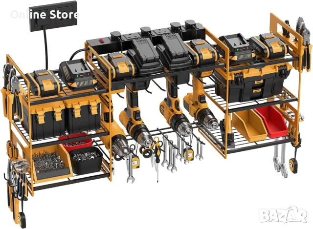 Стенен органайзер за електроинструменти с разклонител 6 гнезда и 8 държача