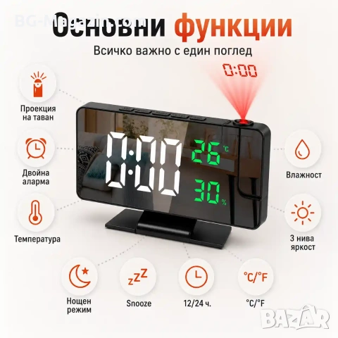LED електронен настолен часовник с проектор температура влажност будилник за спалня дигитален USB, снимка 2 - Други - 51038981