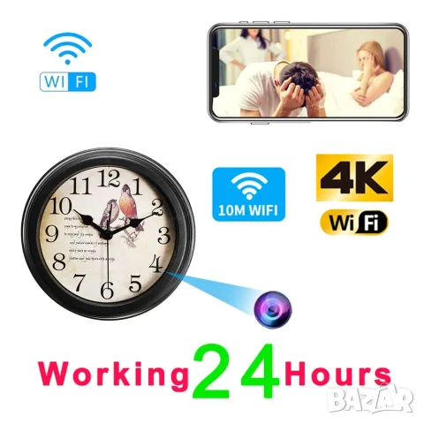 Wi-Fi Скрита Камера Винтидж Стенен Часовник Full HD 1080P, Видеонаблюдение, Нощно Виждане