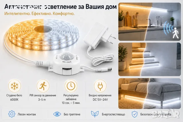 5м LED лента със сензор за движение PIR – автоматична светлина за домът, обхват 3м, 220V, IP65