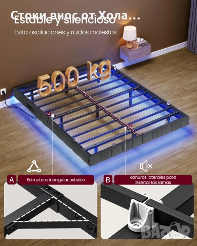 Плаващо легло с LED осветление, 140 x 200 см, тапицирани ръбове, 2 контакта, USB-A и USB-C портове, , снимка 5 - Спални и легла - 55285153
