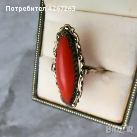 Старинен Art Deco сребърен пръстен с корал и марказити, снимка 8 - Пръстени - 55422229