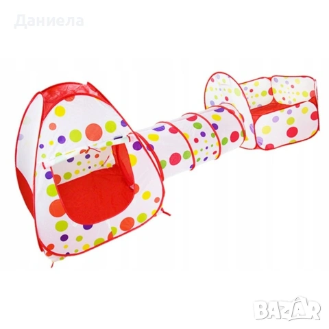 Детска палатка 3в1 с тунел и басейн за топки, Червена, 270 см, снимка 3 - Други - 54541659