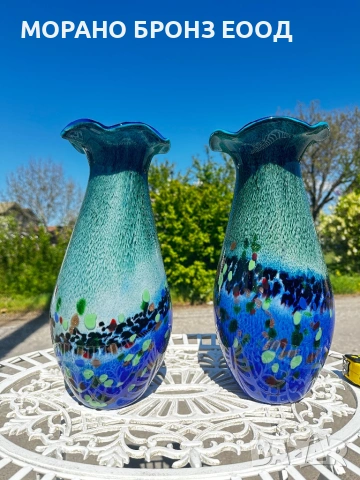 Чифт масивни вази стил „Мурано“ – Ръчна изработка, 41 см (Общо тегло 11 кг)