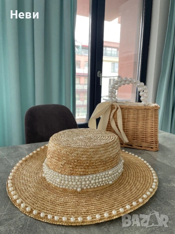 Сламена дамска шапка с декорация от перли, снимка 8 - Шапки - 54172456