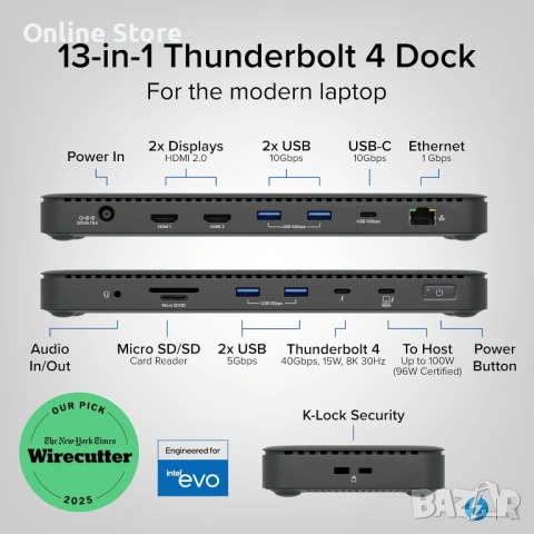 Plugable Thunderbolt 4 докинг станция 13-в-1 – 8K / 2x4K HDMI, 100W зареждане, снимка 6 - Други - 54169939