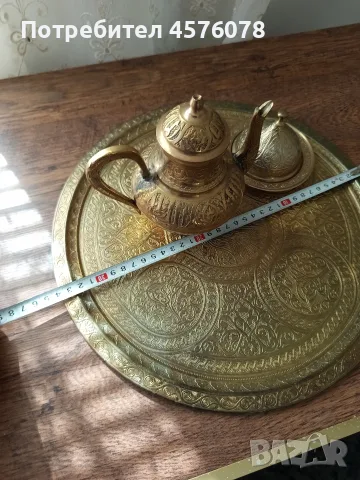 Комлект масивни бронзови поднос,чайник и чиния с капак, снимка 4 - Антикварни и старинни предмети - 55399827
