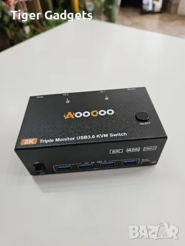 AOOCOO KVM203DH KVM суич 2 компютъра към 3 монитора, 8K@60Hz, 4K@144Hz, USB 3.0