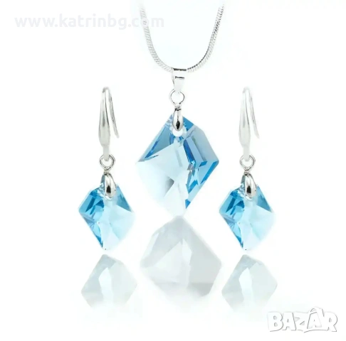 Комплект бижута Сваровски Aquamarine – колие и обеци с медицинска стомана-Rhombus, снимка 2 - Бижутерийни комплекти - 54718961
