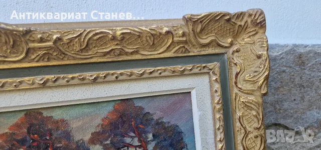 🌲 ВПЕЧАТЛЯВАЩ СКАНДИНАВСКИ ПЕЙЗАЖ – МАСЛЕНА ЖИВОПИС В БОГАТА ДЕКОРАТИВНА РАМКА 🇸🇪🎨, снимка 12 - Антикварни и старинни предмети - 55304511