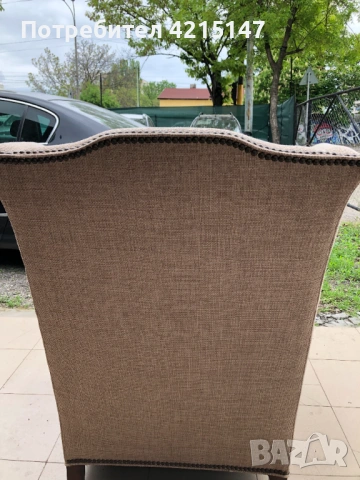 фотьойл от "Henredon" Wingback Nailhead Club Lounge -Бежов ленен фотьойл с крила, снимка 5 - Дивани и мека мебел - 54640827