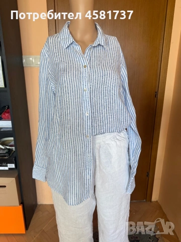 Летен сет- ленена риза райе синьо и бяло и бял летен панталон, снимка 6 - Ризи - 54173821