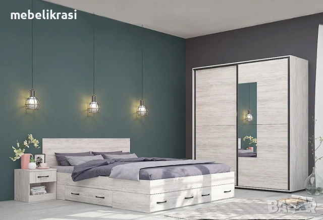 Спален комплект Аполо 5 - плъзгащи врати, огледало, 160/200см. Дъб бланко