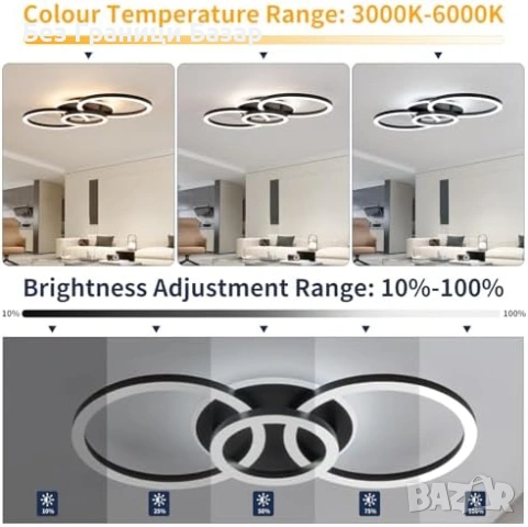 Нова таванна лампа Черен LED плафон 3 пръстена 50W димируем за хол спалня кухня осветление, снимка 2 - Лед осветление - 54920762