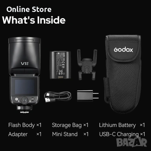 Godox V1 Mid C TTL светкавица за Canon – кръгла глава, LED лампа, 2.4G wireless, снимка 3 - Светкавици, студийно осветление - 54169945