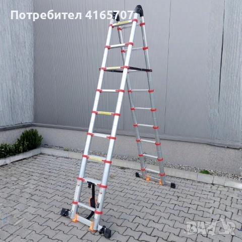 Алуминиева телескопична стълба 3.8м, 150кг, с широки стъпала 74мм, два стабилизатора