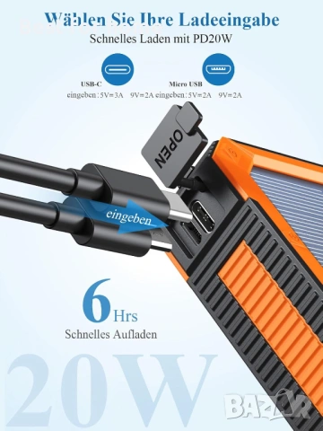 Соларна батерия 20000 mAh, PD20W Водоустойчиво слънчево зарядно устройство USB , снимка 3 - Друга електроника - 54267694