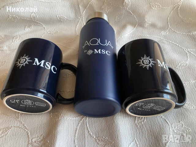 Алуминиева бутилка за вода AQUA by MSC Cruises и 2 бр. оригинални сувенирни чаши MSC Cruises, снимка 3 - Колекции - 55248946