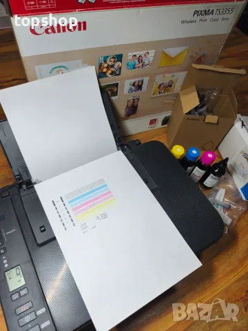 Практически нов Canon PIXMA TS3355 (Wi-Fi) – САМО на 137 страници! Пълни догоре мстилници! Опция за, снимка 5 - Принтери, копири, скенери - 55682591