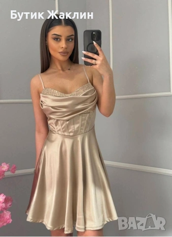 Къса сатенена рокля с пайети , снимка 2 - Рокли - 53989784