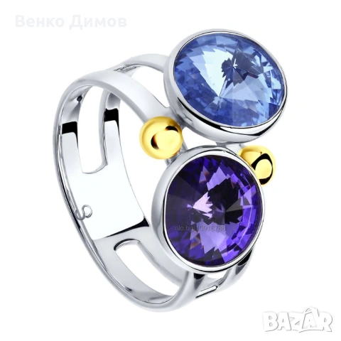 Сребърен пръстен от колекцията Express Yourself, син и лилав кристали Swarovski!, снимка 2 - Пръстени - 54382064