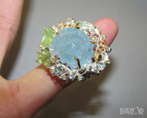 925 сребърен пръстен с 30 карата гравиран аквамарин 20x17мм, снимка 4 - Пръстени - 54203869